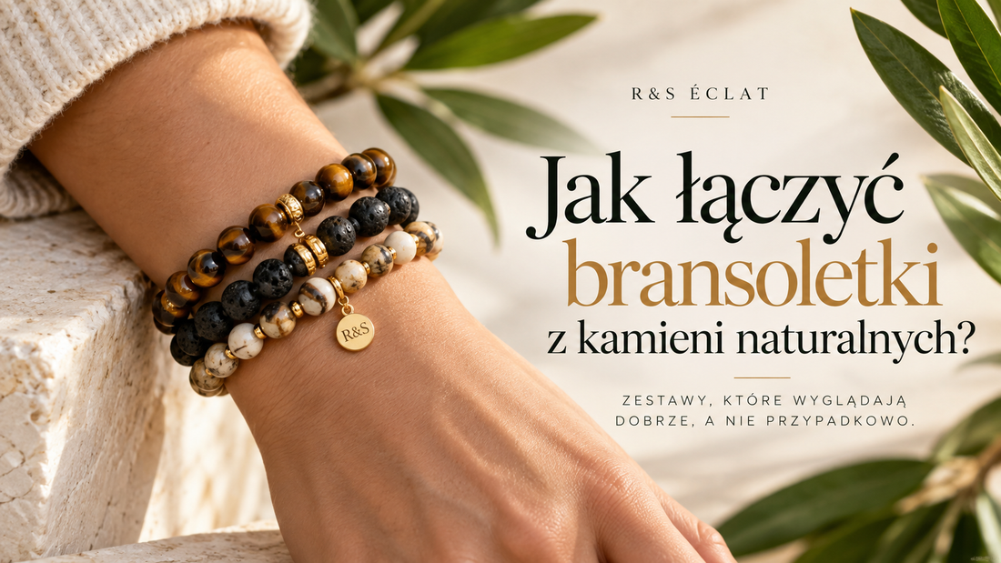 Bransoletki z kamieni naturalnych noszone razem – Tygrysie Oko, Lawa wulkaniczna i jasny Jaspis